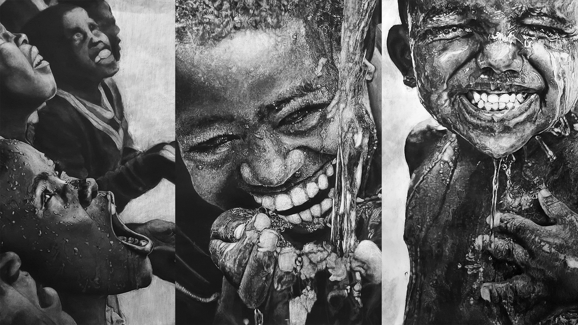 Photo-realism art. Hyper-realism charcoal drawing of African children by Singapore Contemporary artist Khee. Fine Art in Southeast Asia.